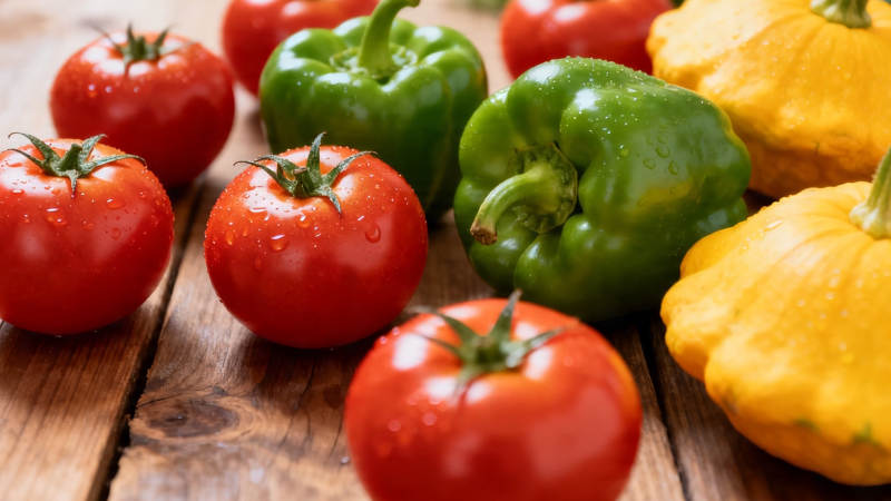 新鲜蔬果摆木桌 色彩诱人图片