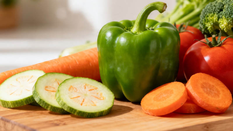 新鲜蔬菜切配待烹图片