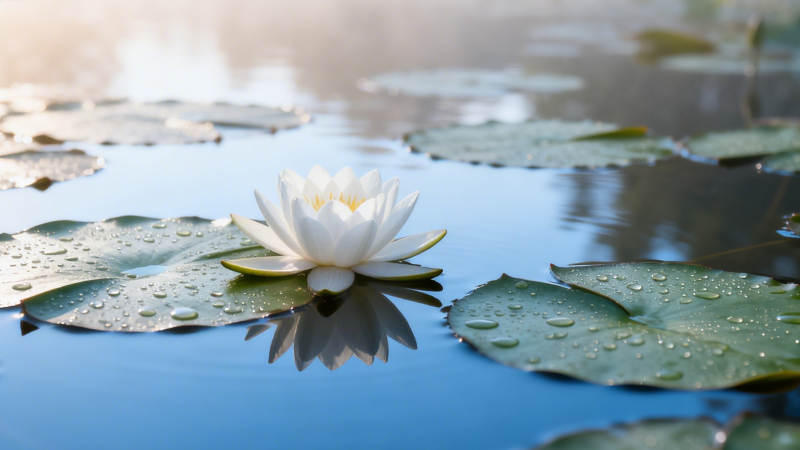 白莲静浮 水珠映晨光图片