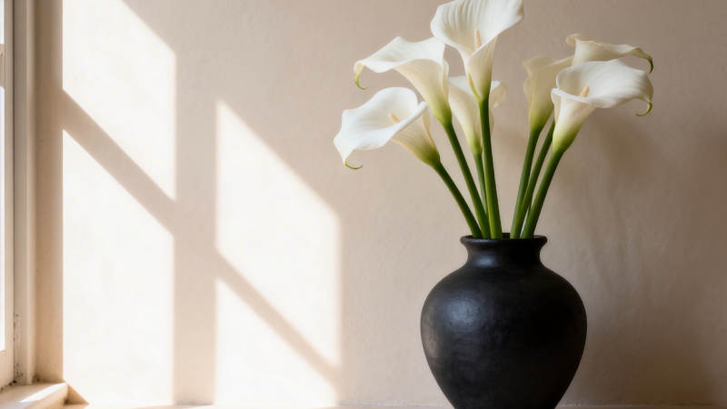 窗边白花映黑瓶图片