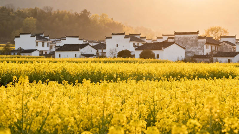 油菜花田映古村晨光图片