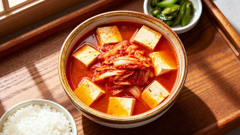 韩式泡菜豆腐汤配米饭图片