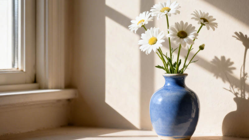 窗边蓝瓶雏菊影图片