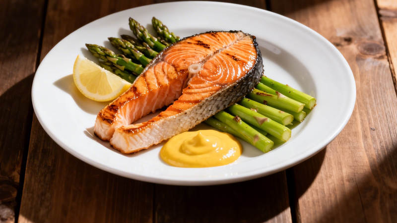香煎三文鱼配芦笋柠檬酱图片