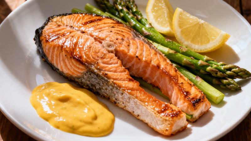 香煎三文鱼配芦笋柠檬酱图片