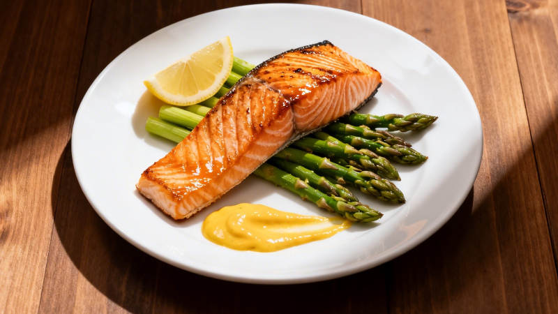 香煎三文鱼配芦笋柠檬酱图片