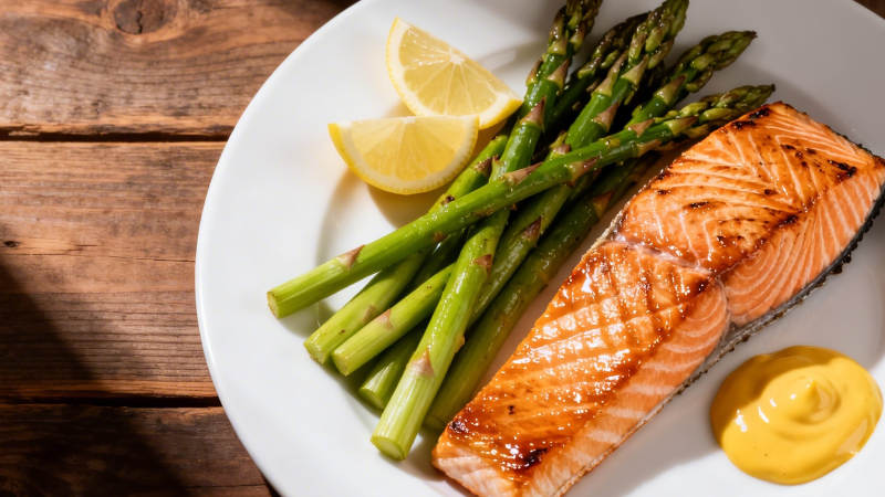 香煎三文鱼配芦笋柠檬酱图片
