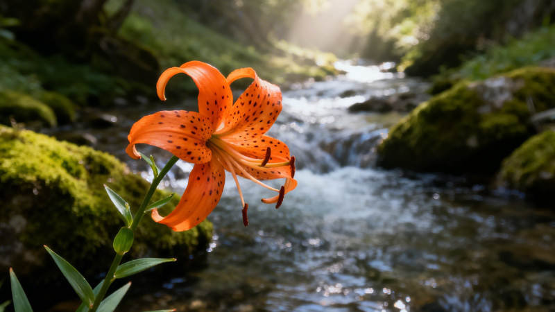 溪畔橙百合 晨光映流水图片