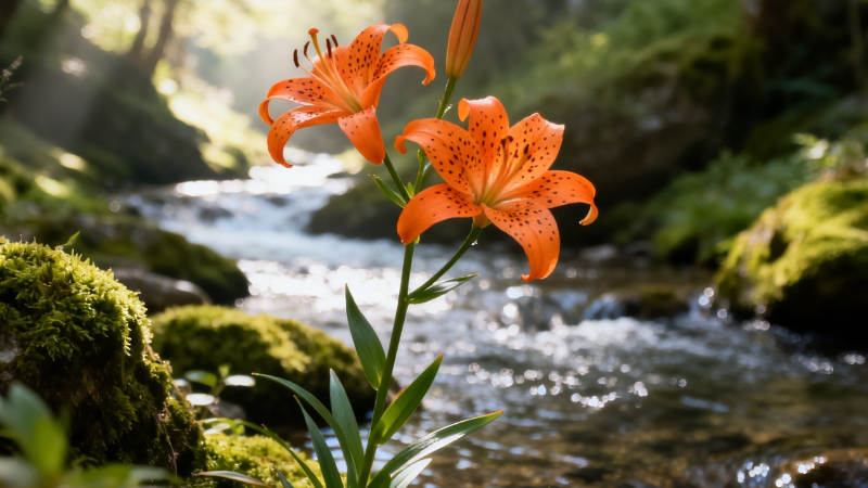 溪畔橙百合 光影映清流图片