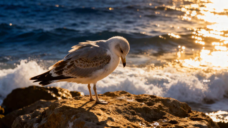 海鸥立岩 夕照波光图片