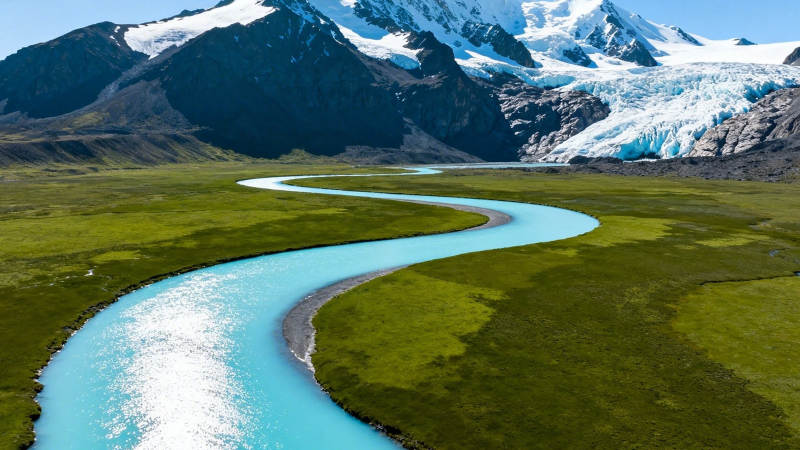 冰川融水蜿蜒绿野间图片