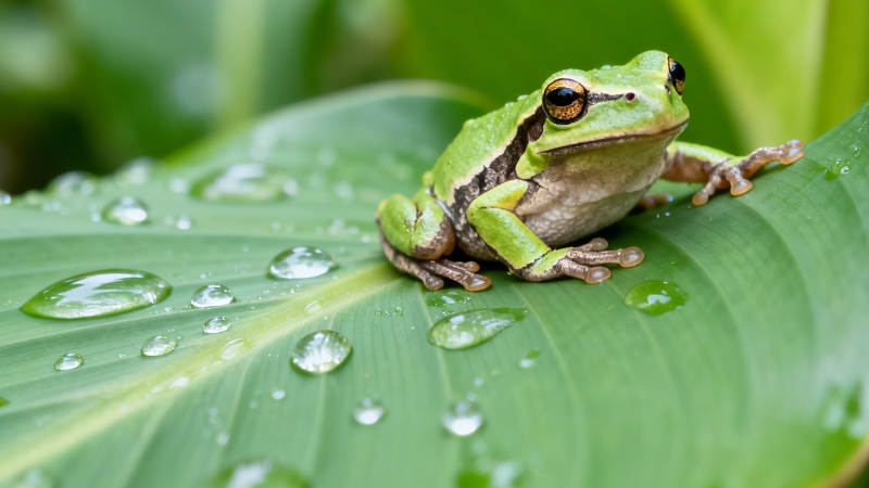 绿叶上的青蛙与水珠图片