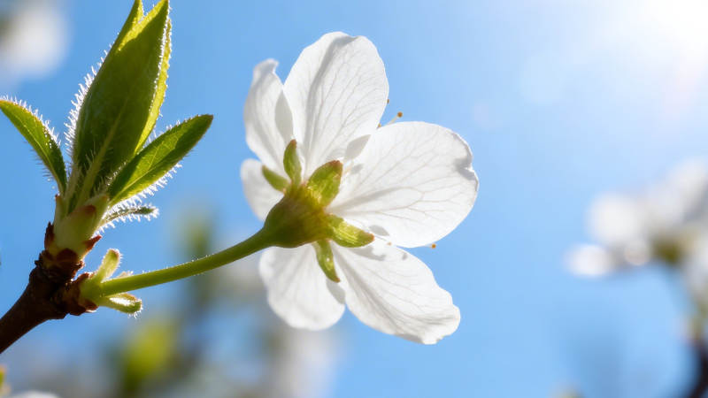 春日白花映蓝天图片