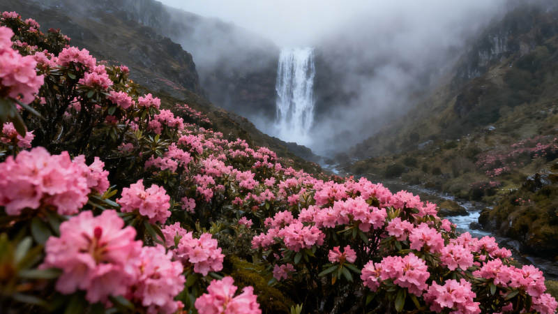 粉花映瀑 云雾山间图片
