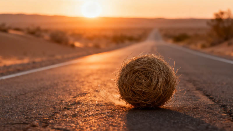 夕阳下 草球静卧荒漠公路图片