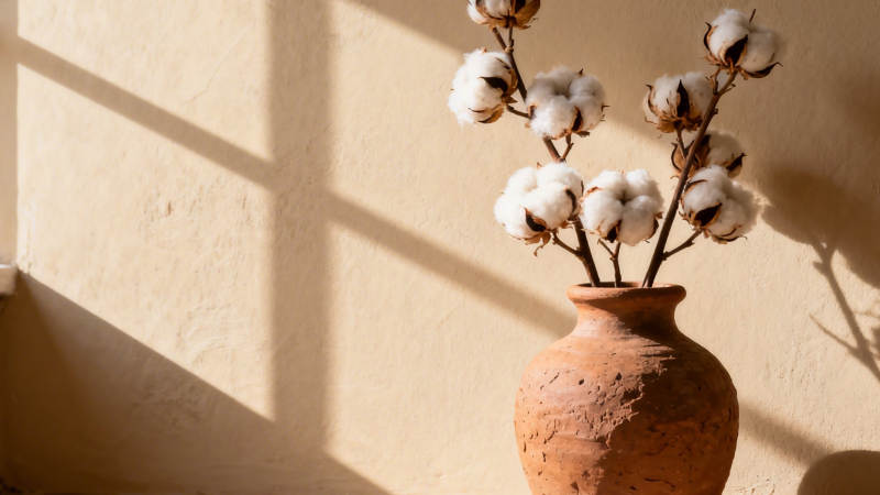 棉枝入陶瓶 光影静美图片