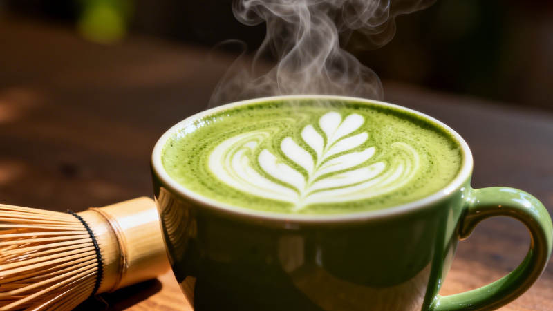 热抹茶拿铁 叶形拉花香浓图片