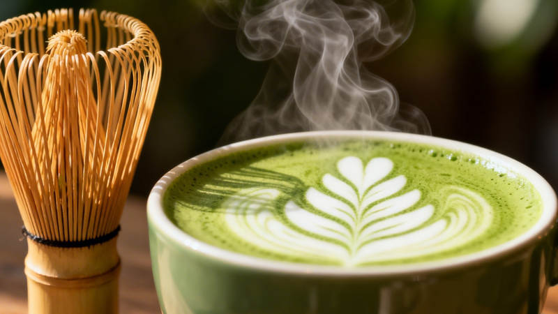 抹茶拿铁 热气氤氲叶纹美图片