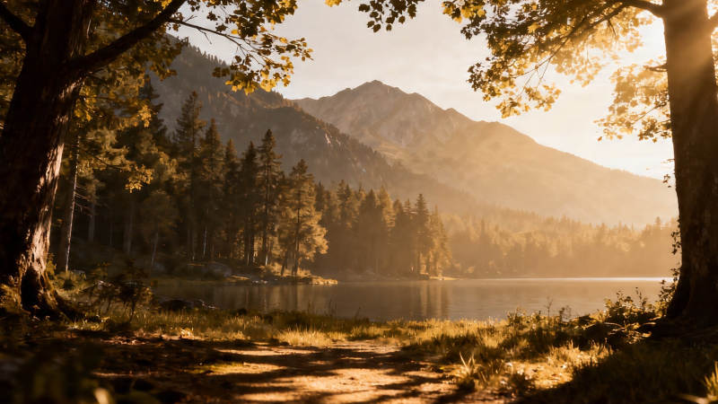 秋日湖光山色 暖阳穿林间图片