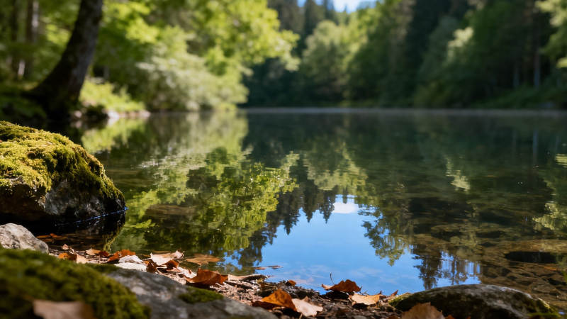 林间静湖 倒影如镜图片