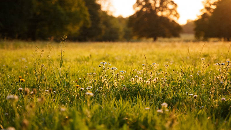 夕阳下的野花田图片