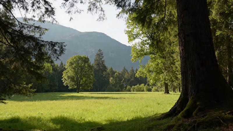 林间草地 远山如黛图片