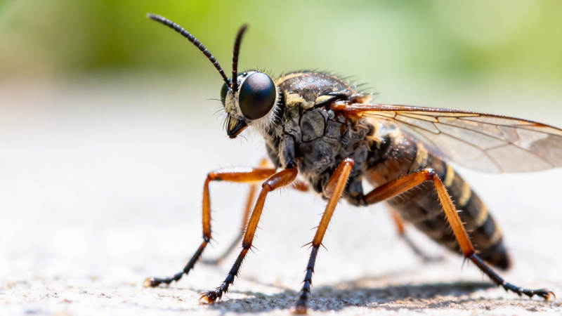蜂虻特写 橙腿黑身大眼虫图片