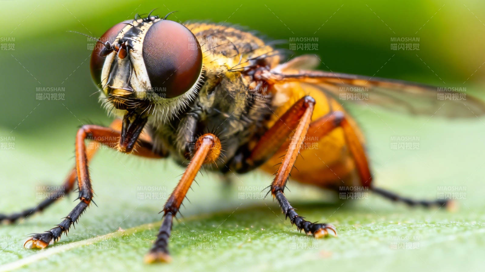 绿叶上的橙足苍蝇特写图片