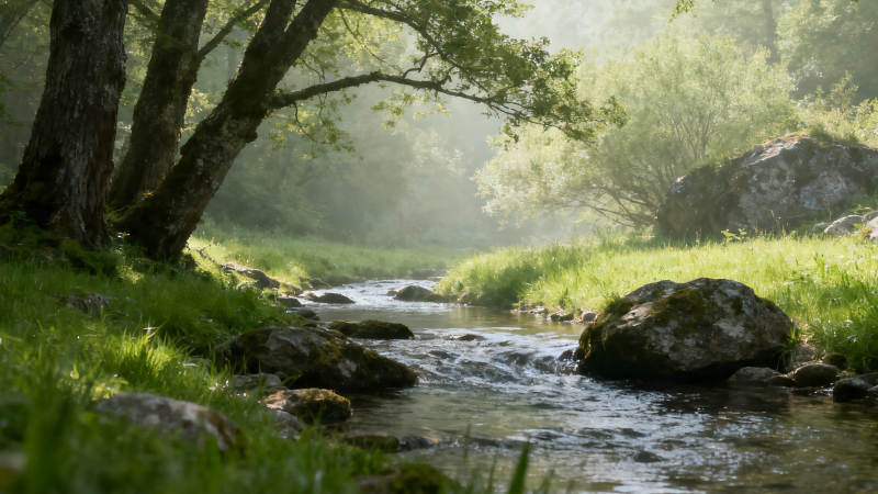 晨雾溪流 绿树环绕静谧景图片
