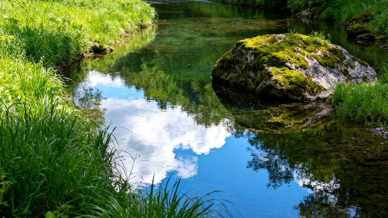 溪映云影 苔石静卧绿荫中图片