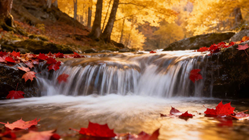 秋溪落叶 流水潺潺图片