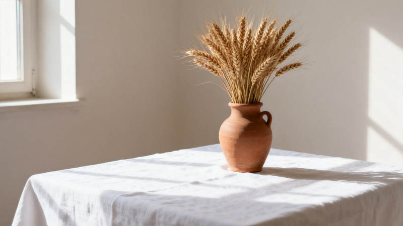 麦穗陶瓶静置窗边桌图片