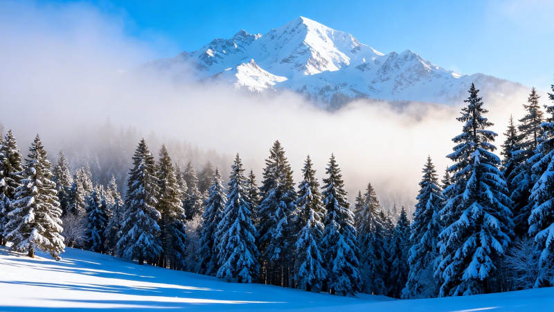 雪山云海松林雪景图图片