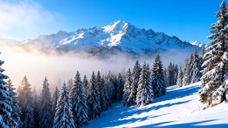 雪覆松林 雾绕雪山巅图片