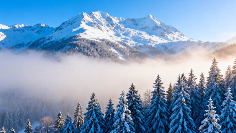 雪山云海松林晨景图片