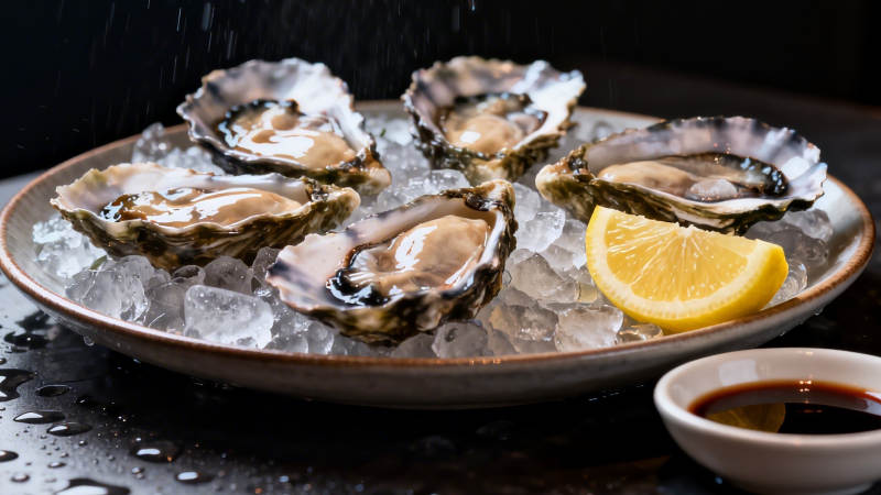 冰镇生蚝配柠檬酱油图片