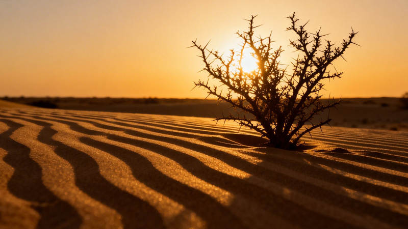 沙漠夕阳 荆棘傲立沙丘图片