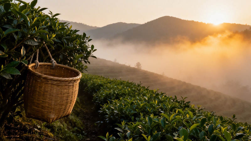 晨雾茶山 竹篮静挂枝头图片