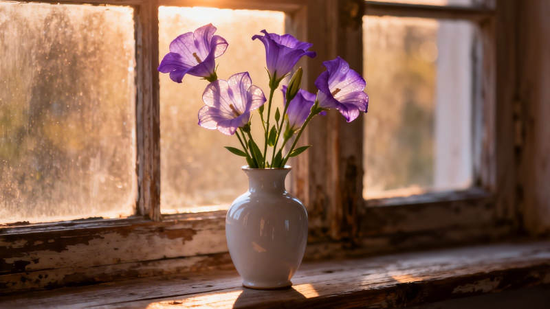 窗台紫花 暖阳轻抚旧木窗图片