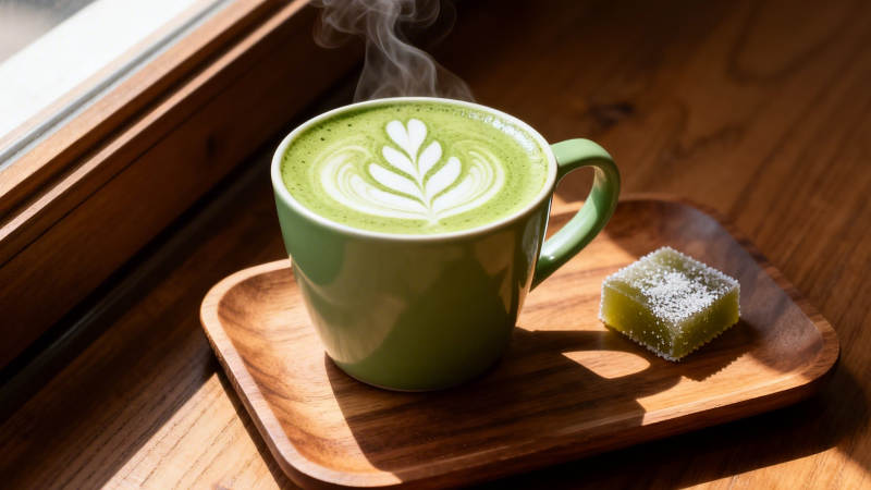 抹茶拿铁配和菓子 窗边暖阳图片