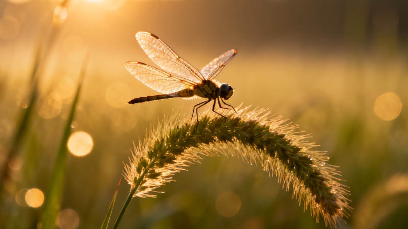 夕阳蜻蜓栖草尖图片