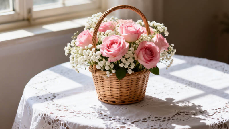 窗边花篮 粉玫瑰与满天星图片