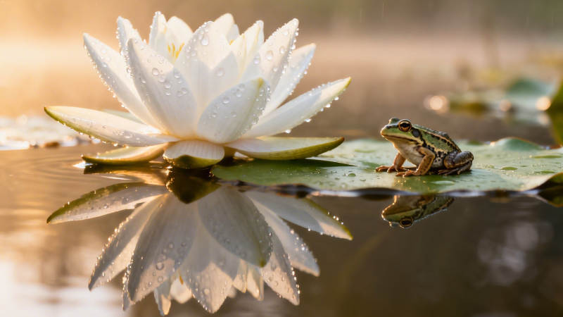 蛙伴白莲 静水映晨光图片