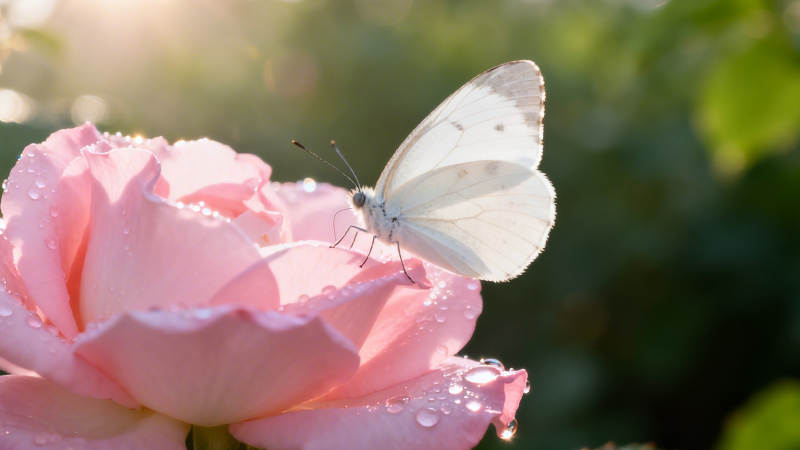 白蝶栖粉玫瑰 晨露映光柔图片