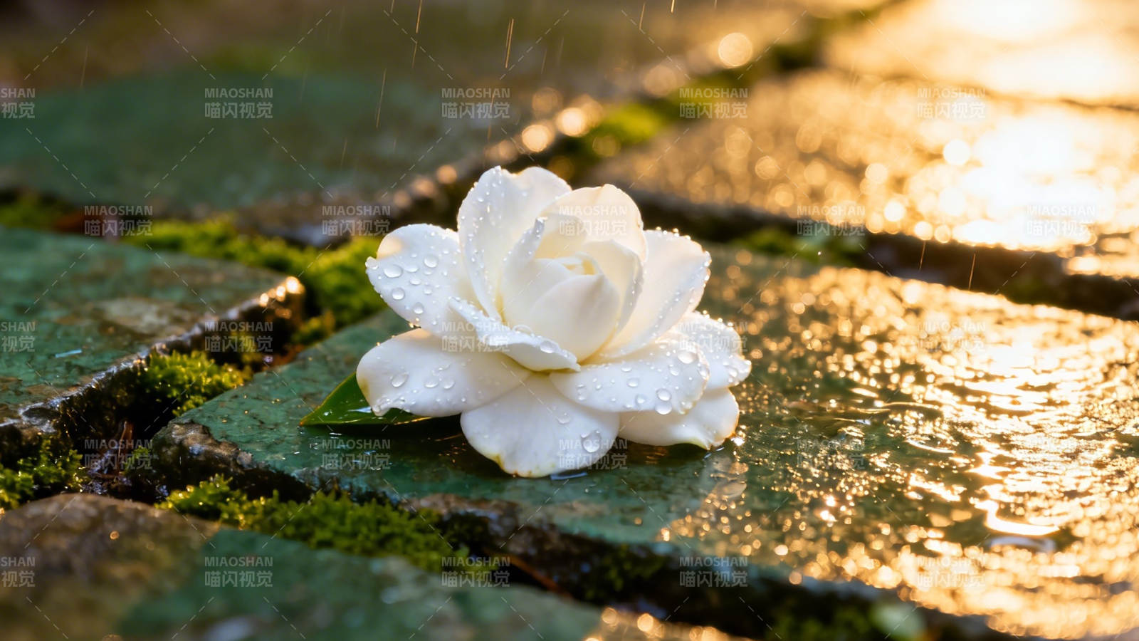 雨润白莲 石径生辉图片
