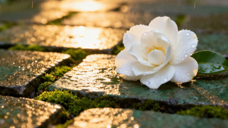 雨后白花落石径 夕照生辉图片