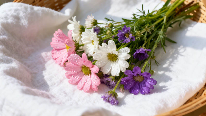 花束静置白布篮中图片