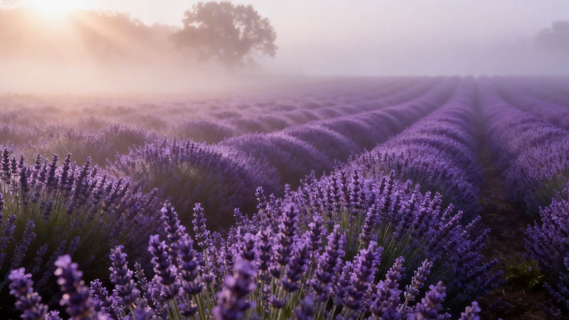 晨雾薰衣草田 紫梦无边图片