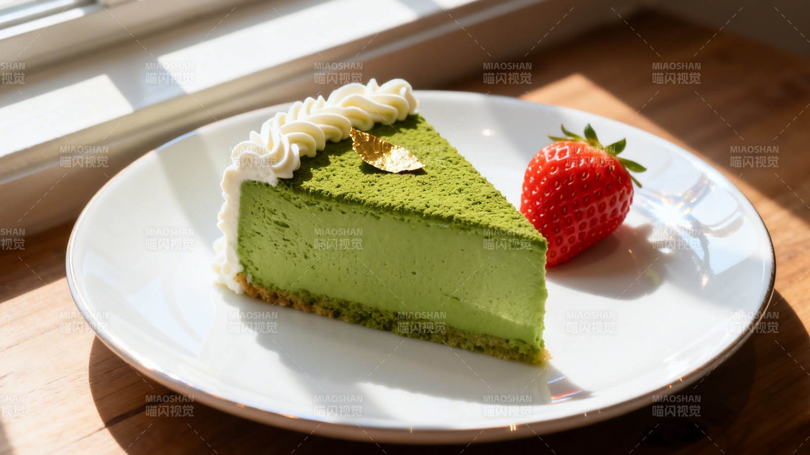 抹茶蛋糕配草莓 阳光午后甜图片