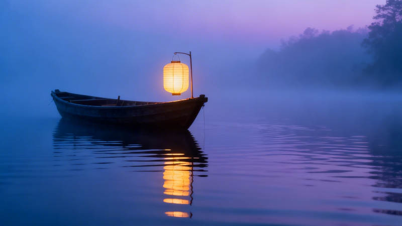 雾夜孤舟灯影静图片